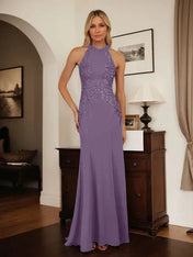 Dusty Blue Sheath Halter Long Mother of Bride Dress With Appliques
