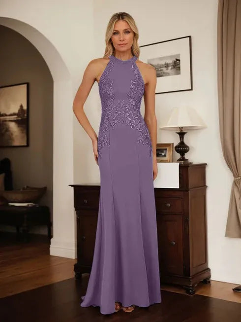 Dusty Blue Sheath Halter Long Mother of Bride Dress With Appliques