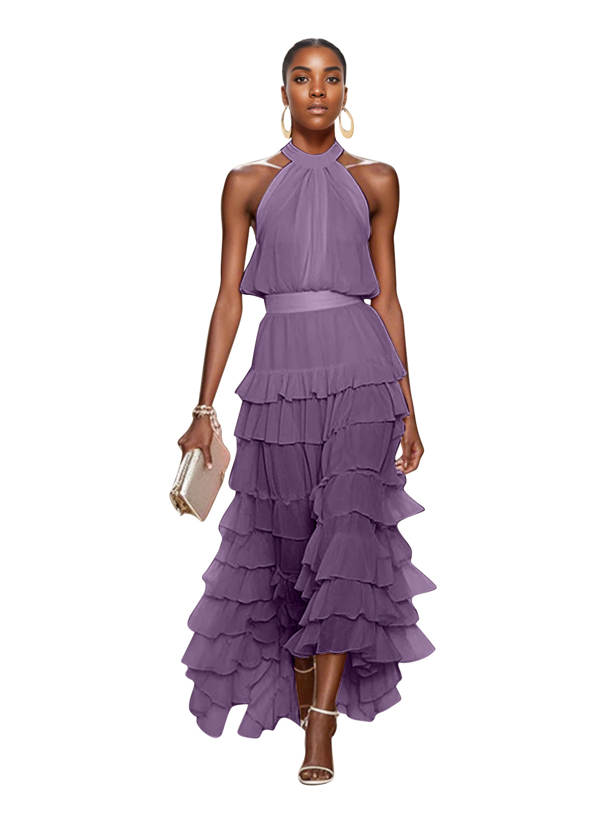A Line Pink Chiffon Halter Neck Sleeveless Ankle Length Dress With Cascading Ruffles