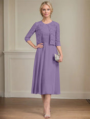 A-line Scoop Tea-Length Chiffon Mother of the Bride Dress With Pleated