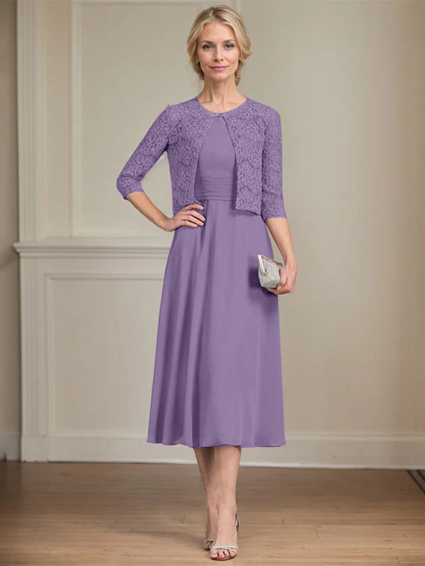 A-line Scoop Tea-Length Chiffon Mother of the Bride Dress With Pleated
