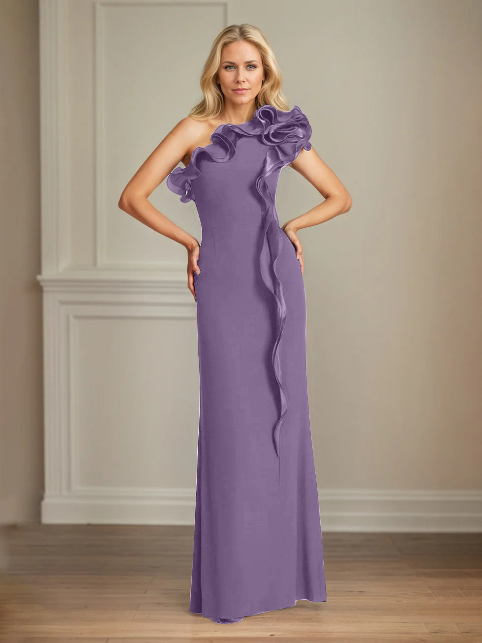 Column One Shoulder Floor Length Mother of the Bride Dresses With Ruffles