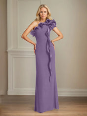 Navy Stretch Crepe Sheath/Column One Shoulder Floor Length Mother of the Bride Dresses With Ruffles