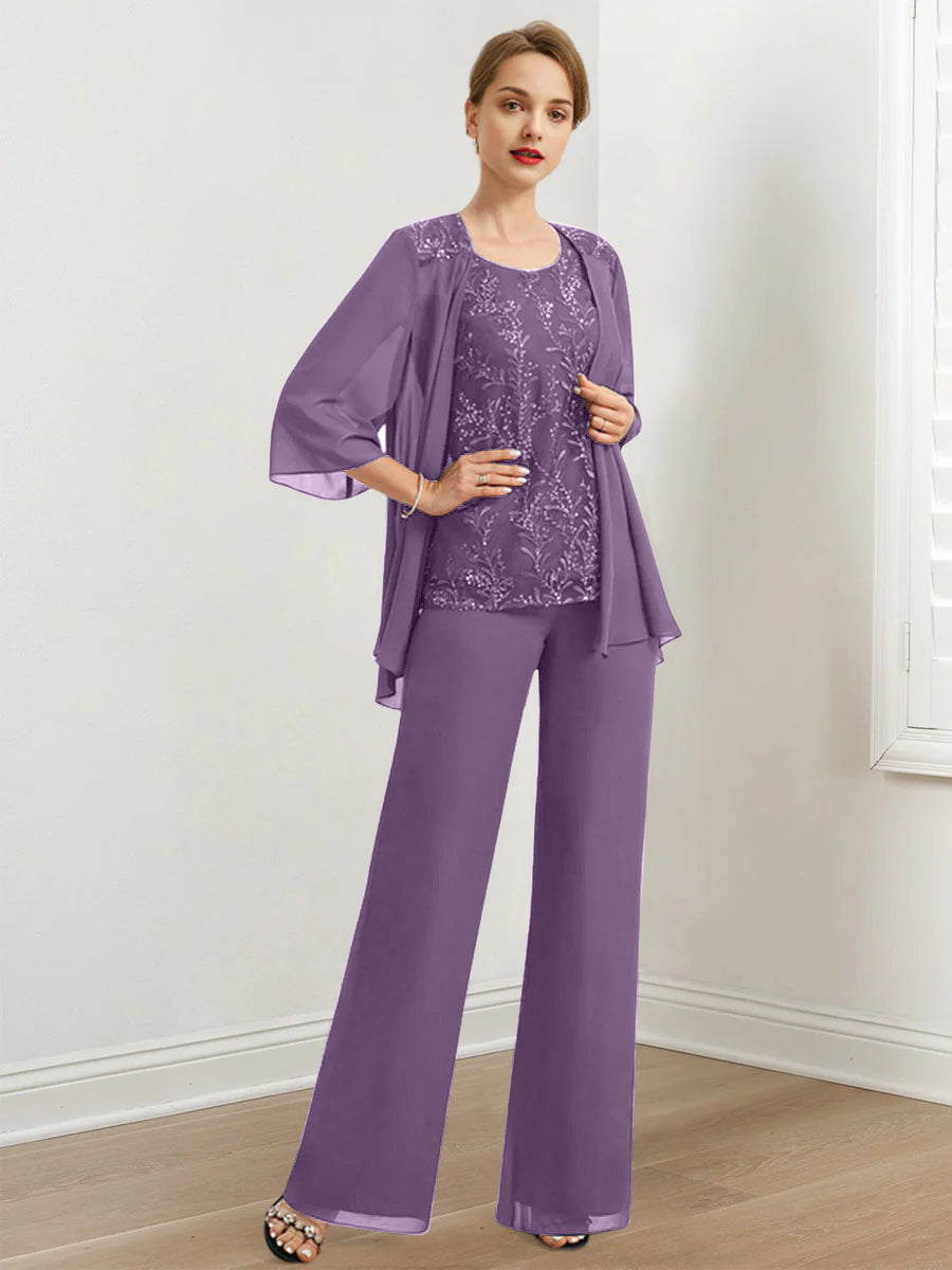 Chiffon Mother of the Bride Pantsuits with Sequins & Jacket
