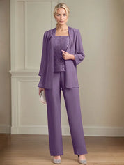 Chiffon Square Neck Sleeveless Floor Length Mother of the Bride Pantsuits