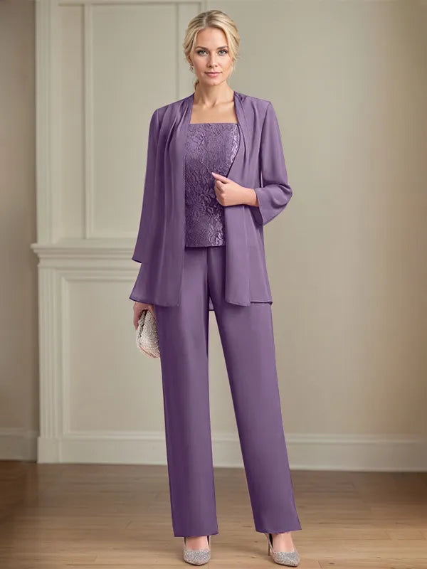 Chiffon Square Neck Sleeveless Floor Length Mother of the Bride Pantsuits