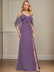 Sheath/Column Cold Shoulder V-Neck Floor-Length Chiffon Dress With Cascading Ruffles Sequins Beading