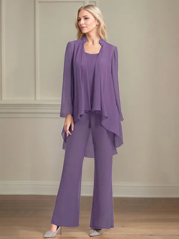 Chiffon Scoop Neck Long Sleeves Floor Length Mother Of The Bride Pantsuits