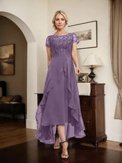 A-line Scoop Illusion Asymmetrical Chiffon Lace Mother of the Bride Dress With Bow Ruffle Sequins