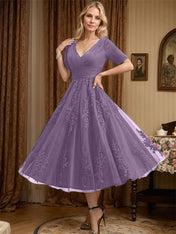 A-line V-Neck Tea-Length Tulle Lace Mother of the Bride Dress With Pleated