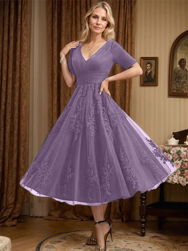 A-line V-Neck Tea-Length Tulle Lace Mother of the Bride Dress With Pleated