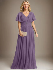 A-line V-Neck Floor-Length Chiffon Mother of the Bride Dress With Crystal Brooch Pleated