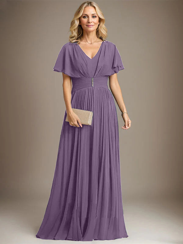 A-line V-Neck Floor-Length Chiffon Mother of the Bride Dress With Crystal Brooch Pleated