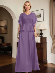 A-line V-Neck Floor-Length Chiffon Mother of the Bride Dress With Pleated Beading