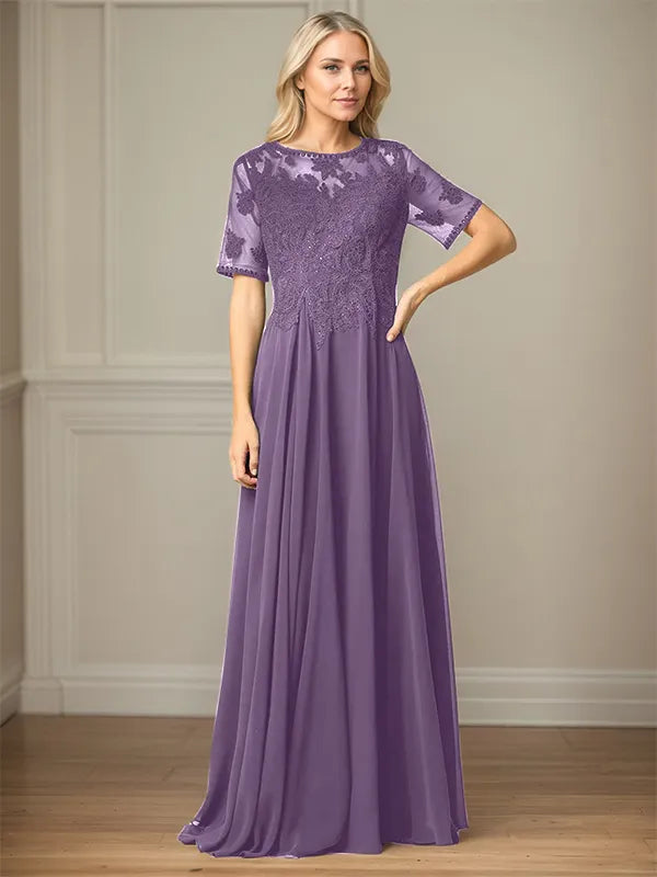 A Line Chiffon Scoop Neck Short Sleeves Floor Length Mother of the Bride Dresses