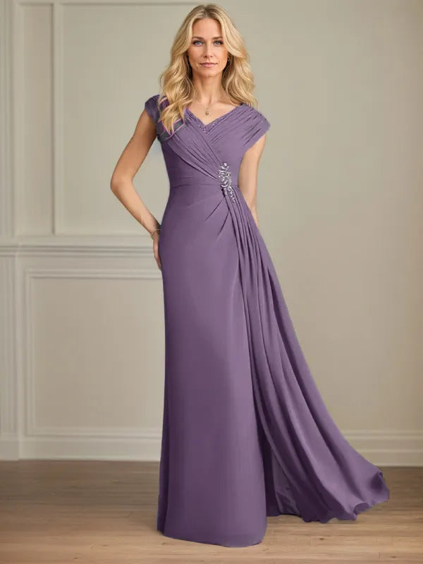 Column Chiffon V Neck Sleeveless Floor Length Mother of the Bride Dresses