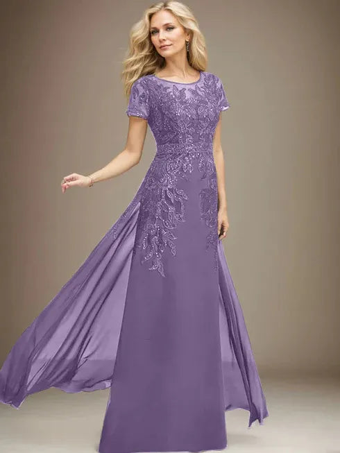 Column Scoop Illusion Floor-Length Lace Chiffon Mother of the Bride Dress With Sequins
