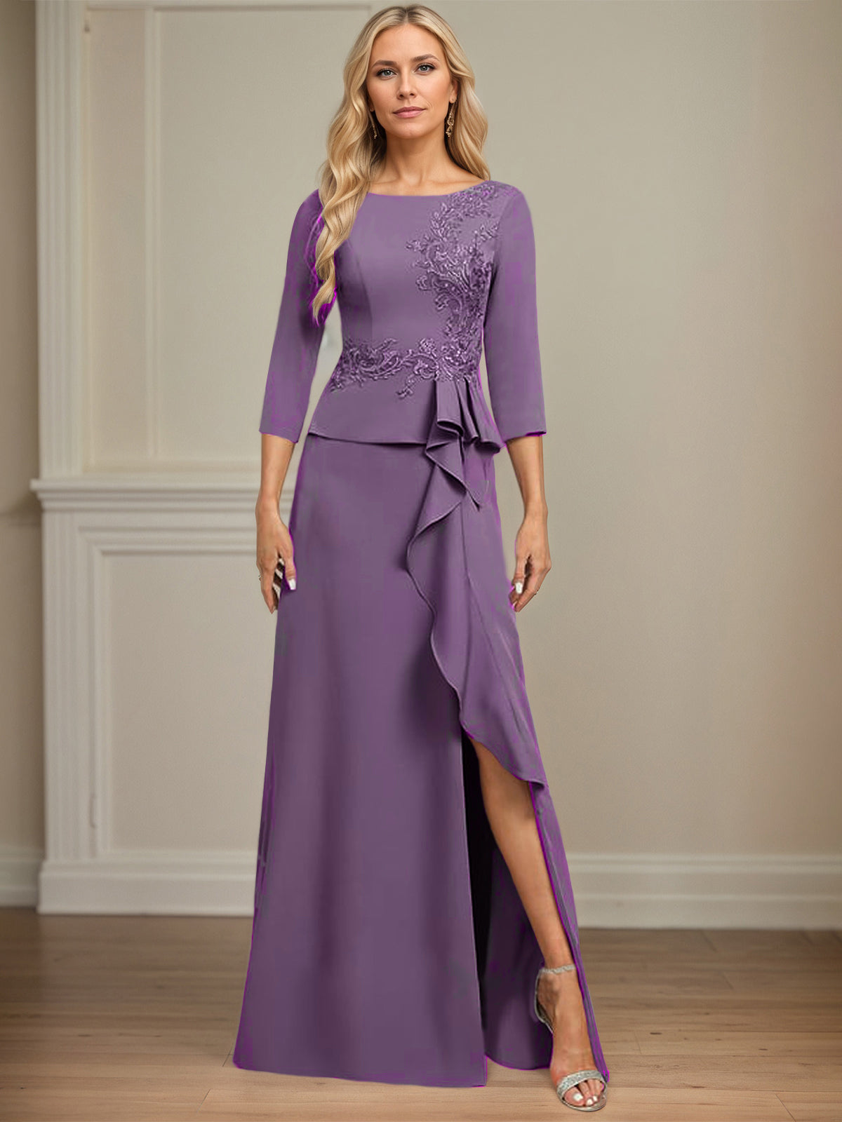Column Scoop Floor-Length Stretch Crepe Dress With Cascading Ruffles Appliques
