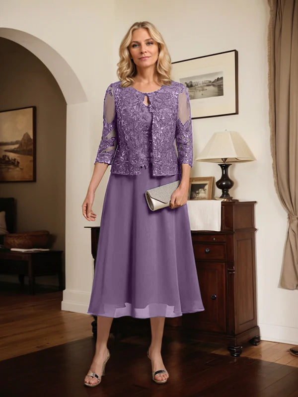 A-line Scoop Tea-Length Lace Chiffon Mother of the Bride Dress With Sequins