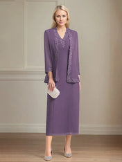 Sheath/Column Chiffon V Neck 3/4 Sleeves Tea Length Mother Of The Bride Dress