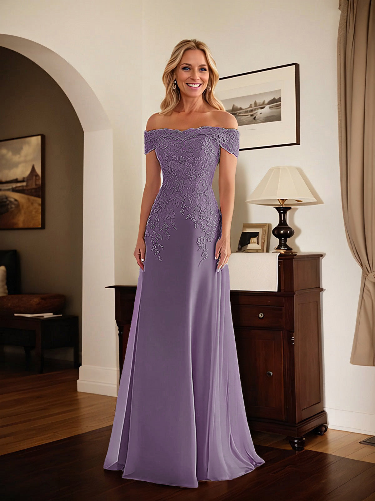 Elegant Taupe Off The Shoulder Sheath Mother of the Bride Dress with Lace