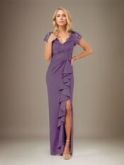 Sheath/Column V Neck Short Sleeve Floor Length Chiffon Dress With Cascading Ruffles