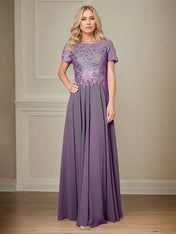 A Line Chiffon Boat Neck Short Sleeves Floor Length Pleated Mother of the Bride Dresses