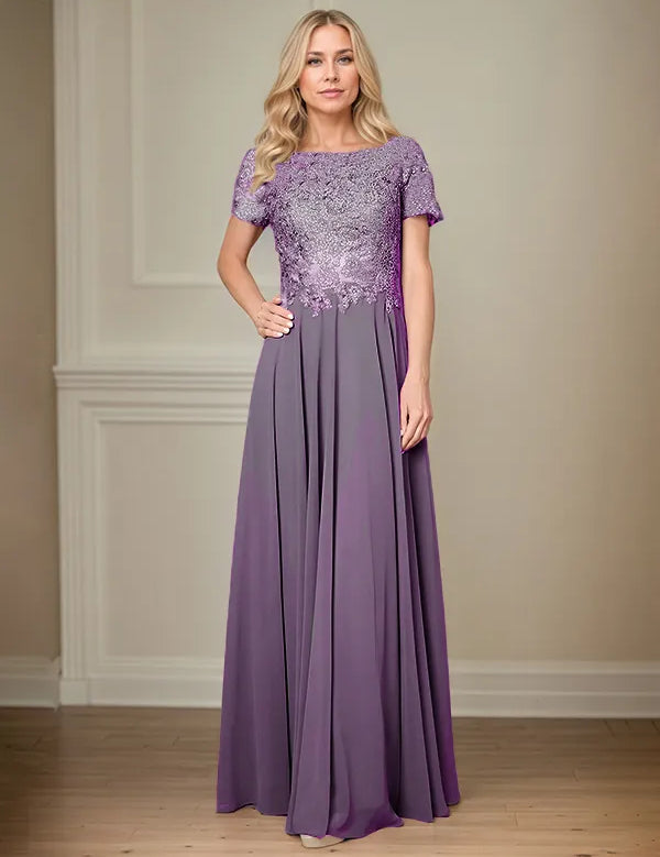 A Line Chiffon Boat Neck Short Sleeves Floor Length Pleated Mother of the Bride Dresses