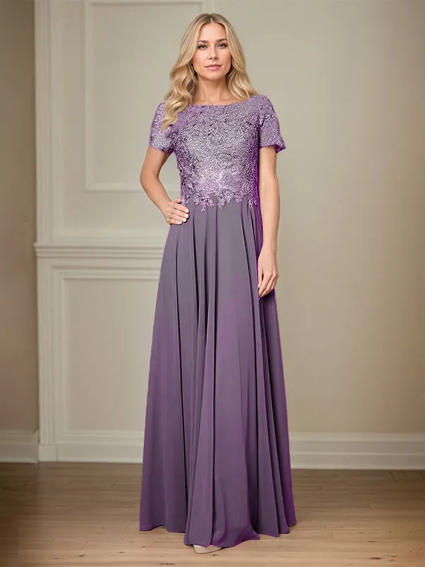 A Line Chiffon Boat Neck Short Sleeves Floor Length Pleated Mother of the Bride Dresses