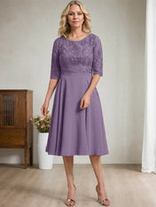 A-line Scoop Knee-Length Lace Chiffon Mother of the Bride Dress