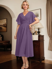 A-line V-Neck Tea-Length Chiffon Mother of the Bride Dress With Pleated Beading