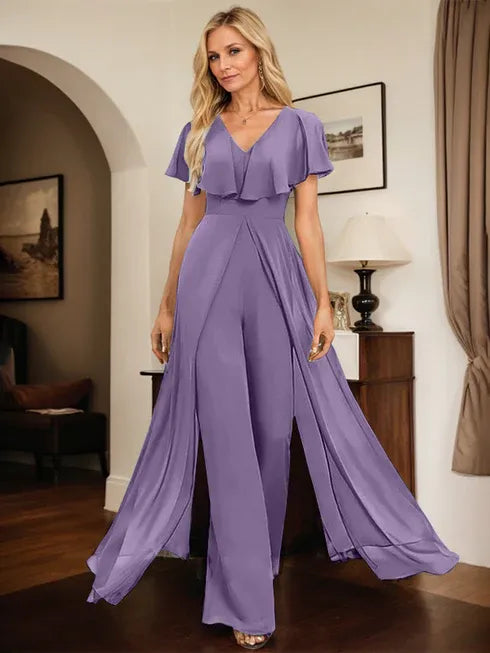 Jumpsuit/Pantsuit V-Neck Floor-Length Chiffon Evening Dress