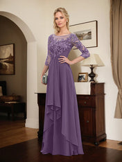A-line Scoop Illusion Floor-Length Lace Chiffon Mother of the Bride Dress With Cascading Ruffles