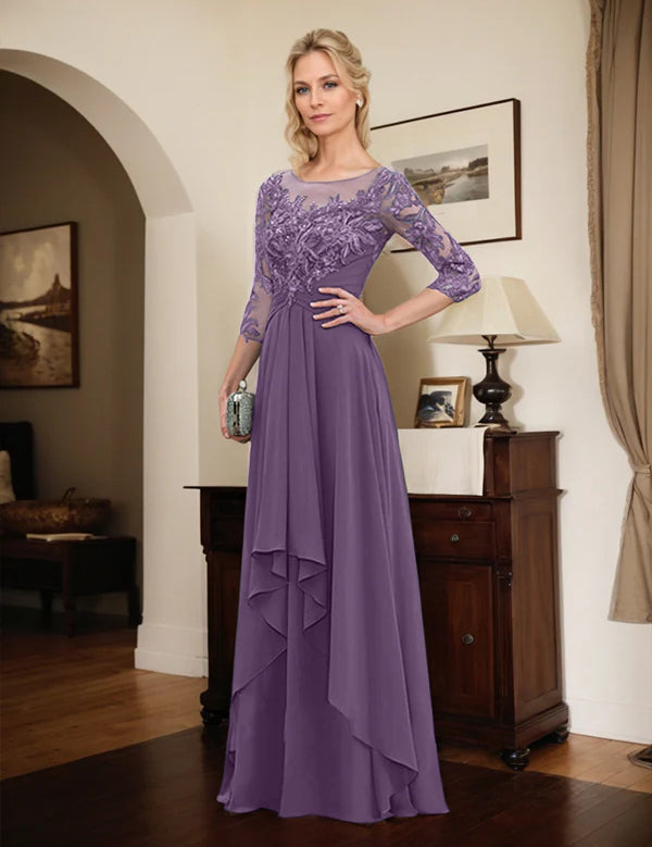 Robe de mère de la mariée trapèze en mousseline de soie et dentelle, longueur au sol, avec volants en cascade 