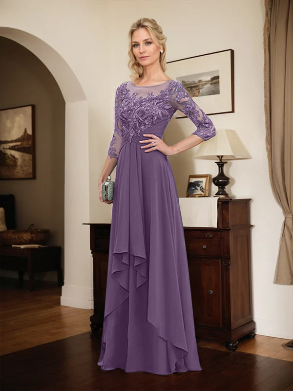 A-line Scoop Illusion Floor-Length Lace Chiffon Mother of the Bride Dress With Cascading Ruffles