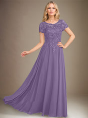 A-Line Scoop Floor-Length Chiffon Mother of the Bride Dress With Applique & Sequins