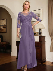 A-line Scoop Illusion Asymmetrical Lace Chiffon Mother of the Bride Dress With Sequins Cascading Ruffles