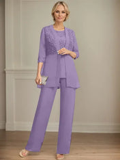 Jumpsuit/Pantsuit Separates Scoop Floor-Length Chiffon Lace Mother of the Bride Dress With Sequins