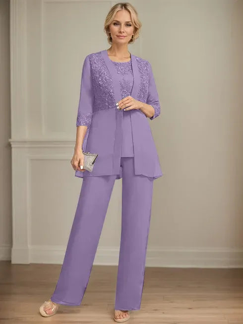 Pantsuit Separates Scoop Floor-Length Chiffon Lace Mother of the Bride Dress With Sequins
