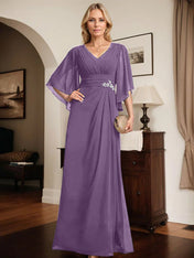 Sheath/Column V-Neck Floor-Length Chiffon Mother of the Bride Dress With Pleated Sequins Beading