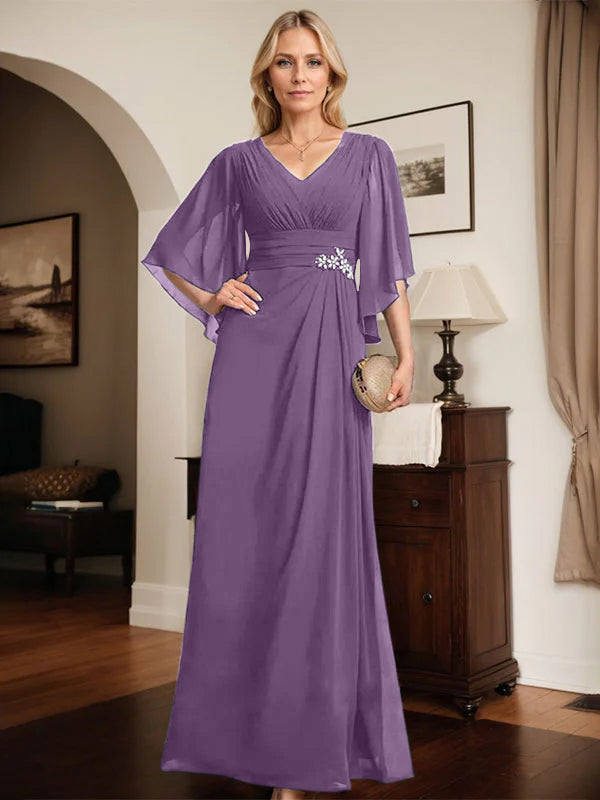 Robe de mère de la mariée fourreau/colonne, col en V, longueur au sol, en mousseline, avec paillettes plissées et perles 