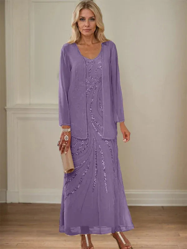 Robe de mère de la mariée fourreau/colonne, col en V, longueur cheville, avec veste et paillettes 