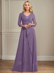 A-line V-Neck Floor-Length Chiffon Mother of the Bride Dress With Pleated Beading
