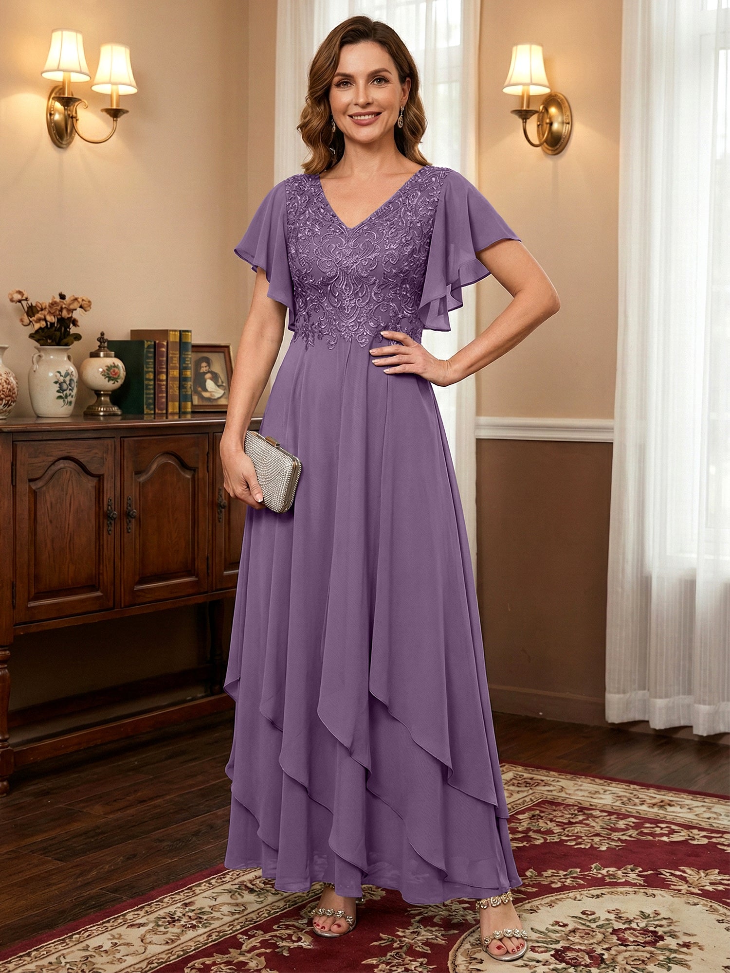A-line V-Neck Ankle-Length Lace Chiffon Mother of the Bride Dress With Cascading Ruffles