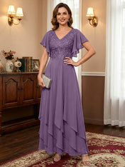 A-line V-Neck Ankle-Length Lace Chiffon Mother of the Bride Dress With Cascading Ruffles