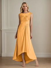 Champagne A-Line Scoop Lace Chiffon Dress