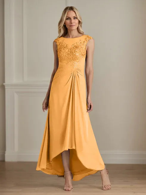 Champagne A-Line Scoop Lace Chiffon Dress