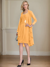 Sheath/Column Sweetheart Knee-Length Chiffon Mother of the Bride Dress With Beading Appliques Lace Sequins Pleated