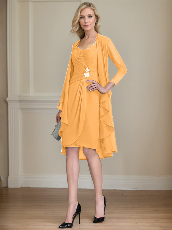 Column Sweetheart Knee-Length Chiffon Mother of the Bride Dress With Beading Appliques Lace Sequins Pleated