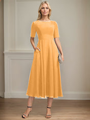 A-line Scoop Tea-Length Chiffon Mother of the Bride Dress With Appliques Lace Sequins